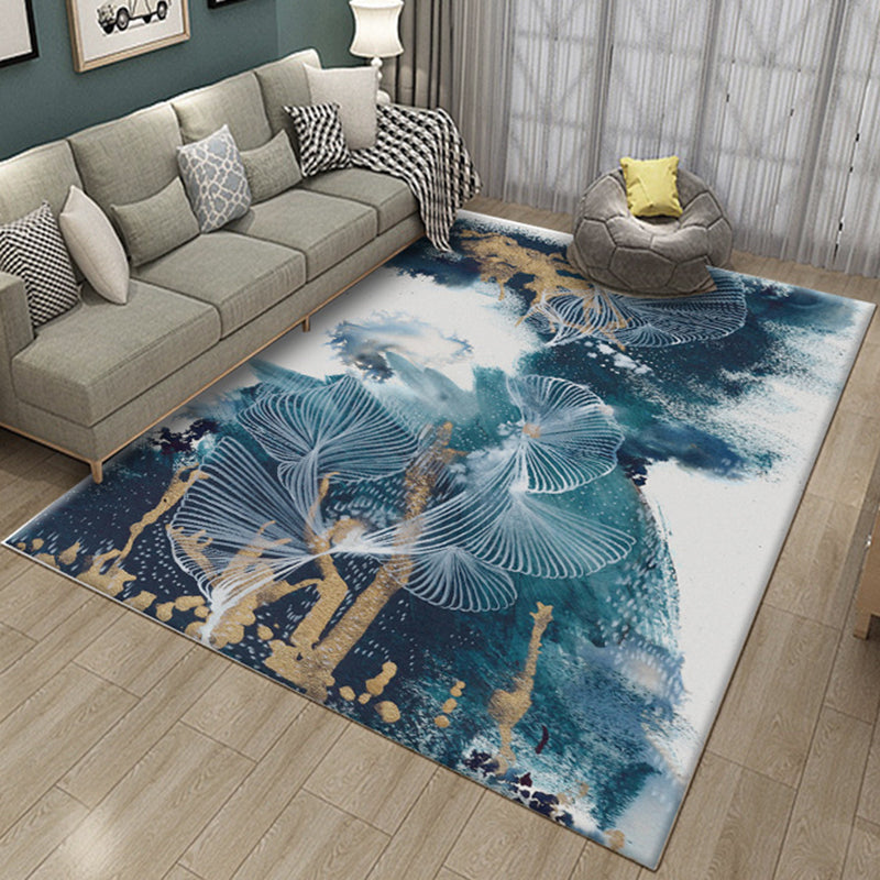 Modernist Blue Polyester Rug with Ink Painting Pattern Machine Washable Parlor Area Rug Blue Clearhalo 'Area Rug' 'Modern' 'Rugs' Rug' 1947930