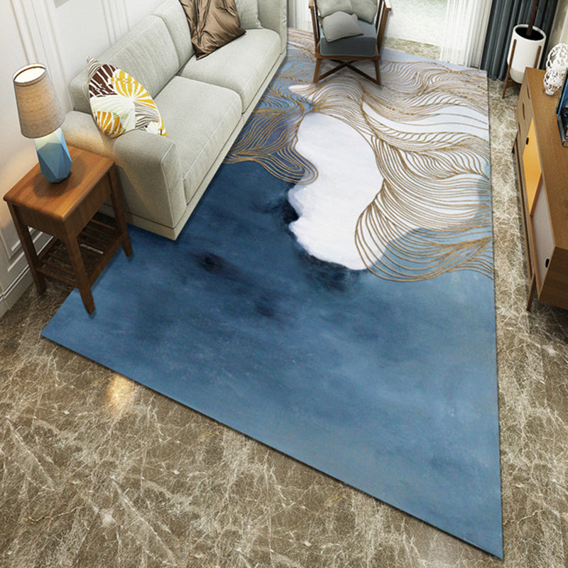 Washable Blue Area Rug Modernism Polyester Ink Painting with Curved Line Parlor Mats Blue Clearhalo 'Area Rug' 'Modern' 'Rugs' Rug' 1947946