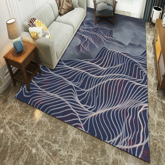 Contemporary Dark Blue Polyester Area Rug with Curved Line Design Washable Parlor Area Rug Dark Blue Clearhalo 'Area Rug' 'Modern' 'Rugs' Rug' 1947973