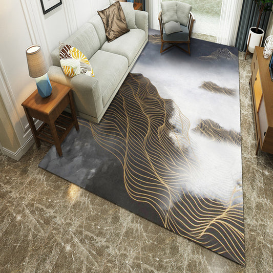 Modernism Dark Gray Washable Polyester Rug Living Room Area Rug with Ink Paint and Gold Line Dark Gray Clearhalo 'Area Rug' 'Modern' 'Rugs' Rug' 1947988