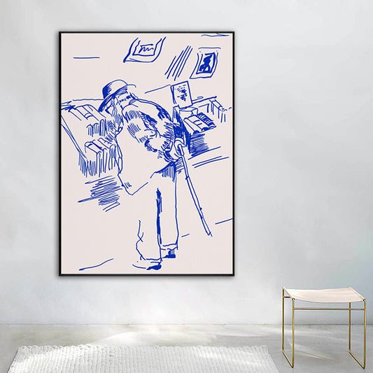 Librairie de croquis de stylo Grand-père pour toile illustration de chambre à coucher art mural figure en bleu pour décor