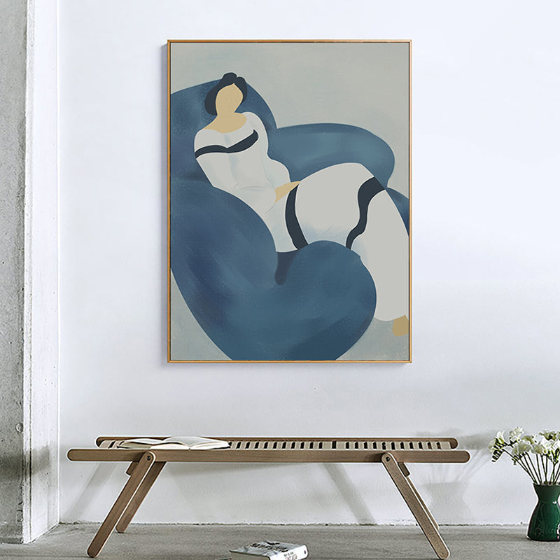 Illustration Nordic Canvas Wall Art with Woman on the Couch Pattern in Blue for Room Blue Clearhalo 'Arts' 'Canvas Art' 1948245