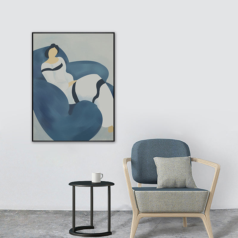 Illustration Nordic Canvas Wall Art with Woman on the Couch Pattern in Blue for Room Clearhalo 'Arts' 'Canvas Art' 1948247