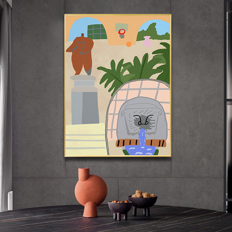 Illustrated Courtyard View Canvas Art Pastel Funky Wall Decor for House Interior Brown Clearhalo 'Arts' 'Canvas Art' 1948253