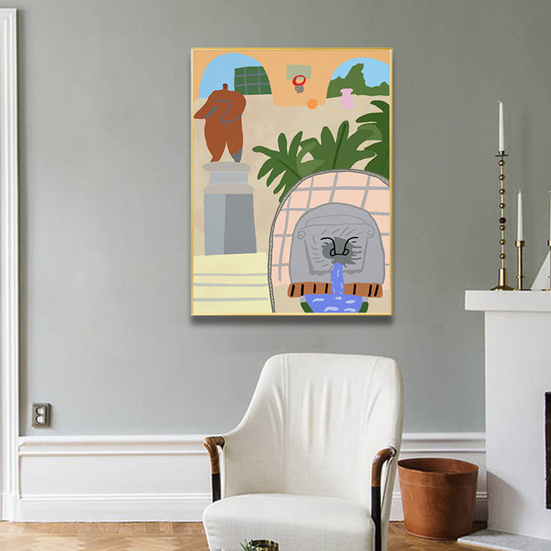 Illustrated Courtyard View Canvas Art Pastel Funky Wall Decor for House Interior Clearhalo 'Arts' 'Canvas Art' 1948254