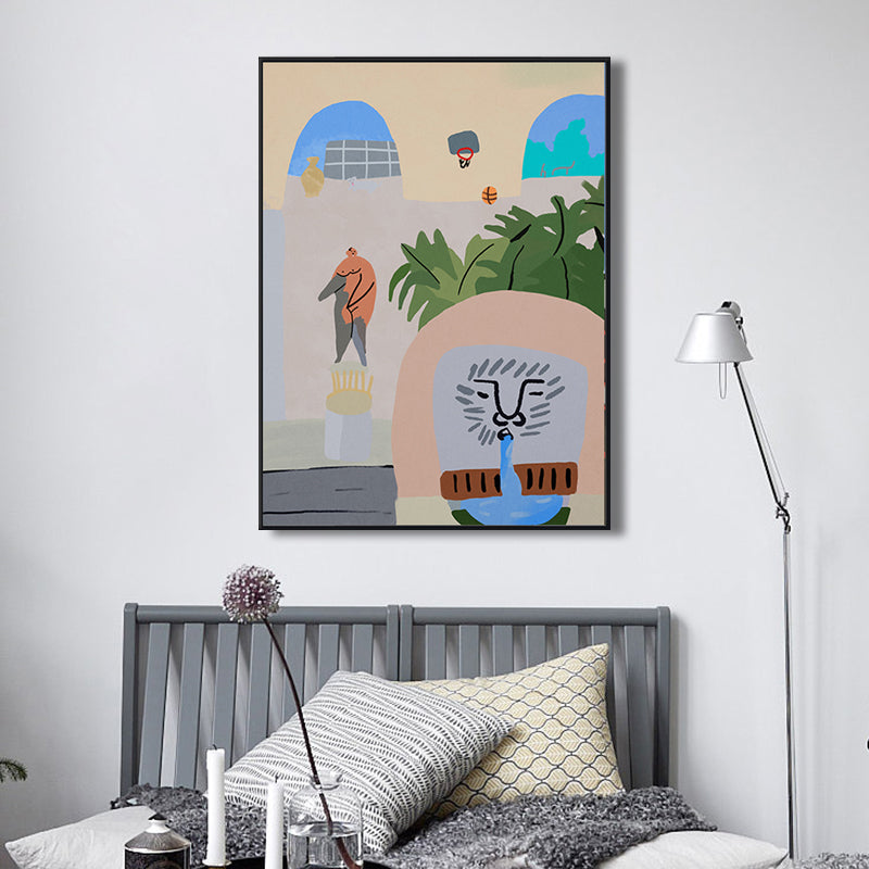 Illustrated Courtyard View Canvas Art Pastel Funky Wall Decor for House Interior Blue Clearhalo 'Arts' 'Canvas Art' 1948265