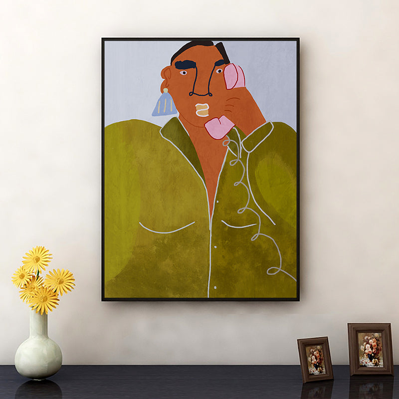 Woman with Earrings Wall Art Textured Funky Living Room Canvas Print for Decoration Green Clearhalo 'Arts' 'Canvas Art' 1948309