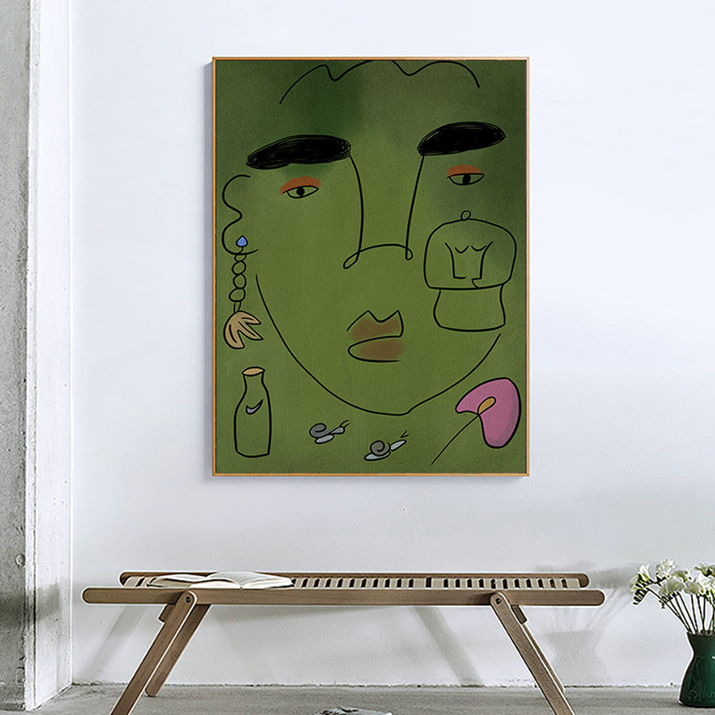 Green Line Sketch Canvas Print Woman Face Pop Art Textured Wall Decor for Living Room Green Clearhalo 'Arts' 'Canvas Art' 1948437