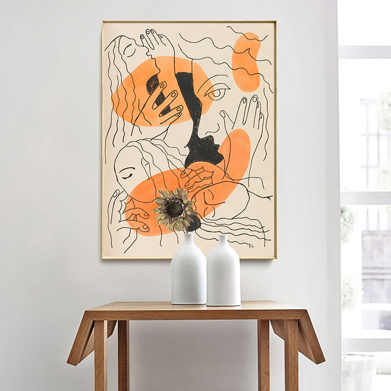 Orange Line Drawing Figure Art Print Faces and Hands Funky Textured Canvas for Room Orange Clearhalo 'Arts' 'Canvas Art' 1948453