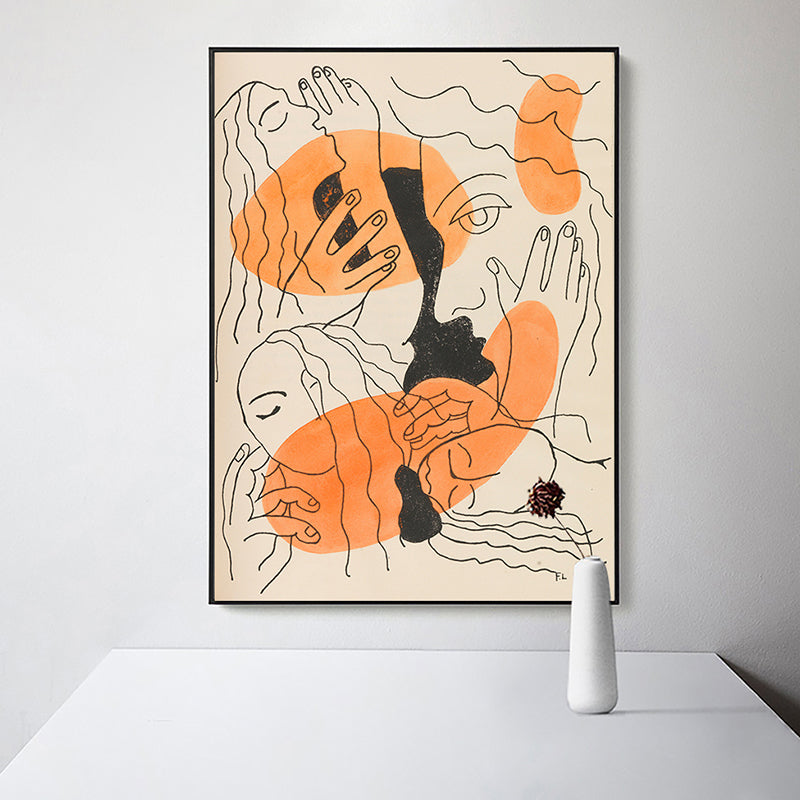 Orange Line Drawing Figure Art Print Faces and Hands Funky Textured Canvas for Room Clearhalo 'Arts' 'Canvas Art' 1948454