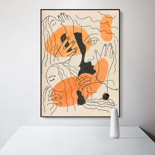 Orange Line Drawing Figure Art Print Faces and Hands Funky Textured Canvas for Room Clearhalo 'Arts' 'Canvas Art' 1948454