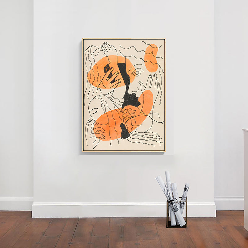 Orange Line Drawing Figure Art Print Faces and Hands Funky Textured Canvas for Room Clearhalo 'Arts' 'Canvas Art' 1948455