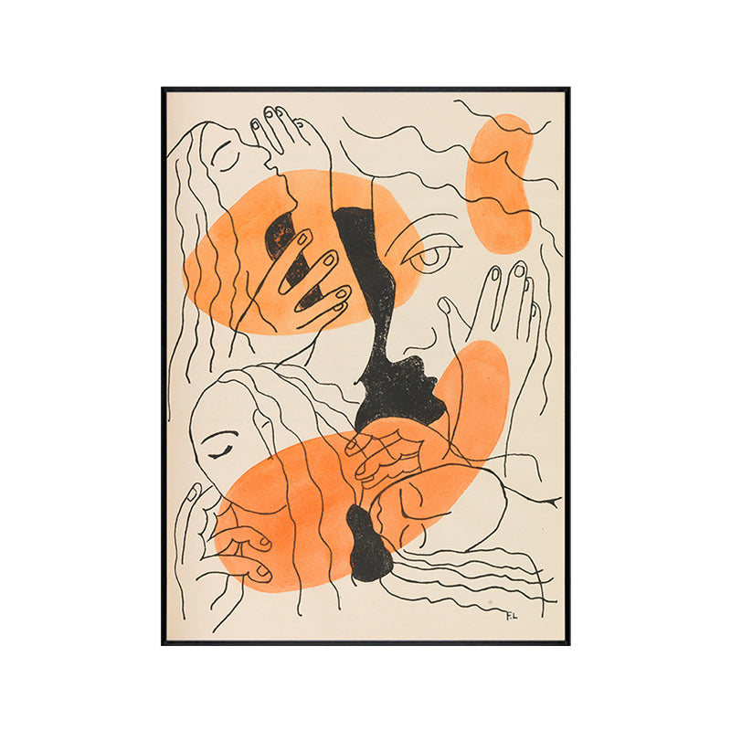 Orange Line Drawing Figure Art Print Faces and Hands Funky Textured Canvas for Room Clearhalo 'Arts' 'Canvas Art' 1948456