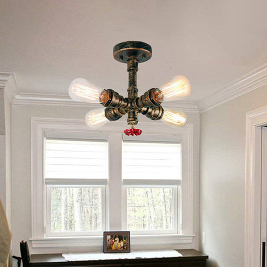 Burst Pipe Foyer Ceiling Mount Light Industrial-Style Iron 4 Lights Bronze Semi Flush Light with Decorative Valve Bronze Clearhalo 'Ceiling Lights' 'Close To Ceiling Lights' 'Close to ceiling' 'Semi-flushmount' Lighting' 1948626