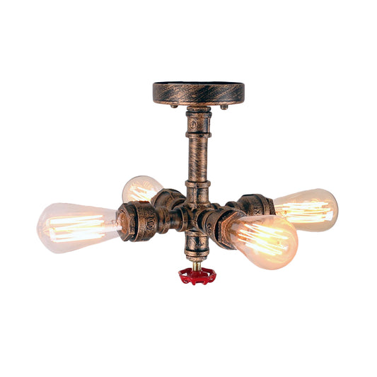 Burst Pipe Foyer Ceiling Mount Light Industrial-Style Iron 4 Lights Bronze Semi Flush Light with Decorative Valve Clearhalo 'Ceiling Lights' 'Close To Ceiling Lights' 'Close to ceiling' 'Semi-flushmount' Lighting' 1948627