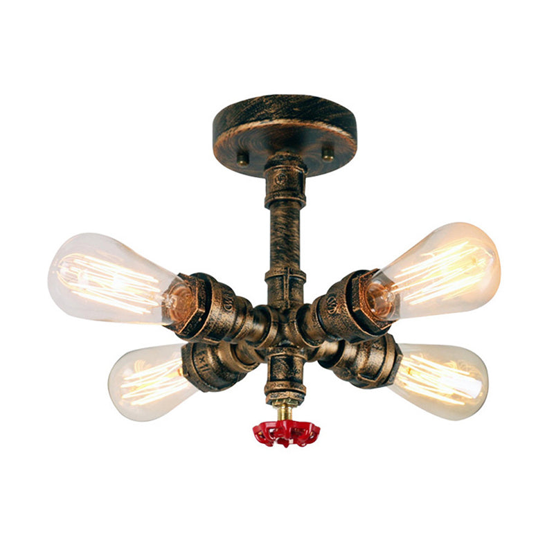 Burst Pipe Foyer Ceiling Mount Light Industrial-Style Iron 4 Lights Bronze Semi Flush Light with Decorative Valve Clearhalo 'Ceiling Lights' 'Close To Ceiling Lights' 'Close to ceiling' 'Semi-flushmount' Lighting' 1948628