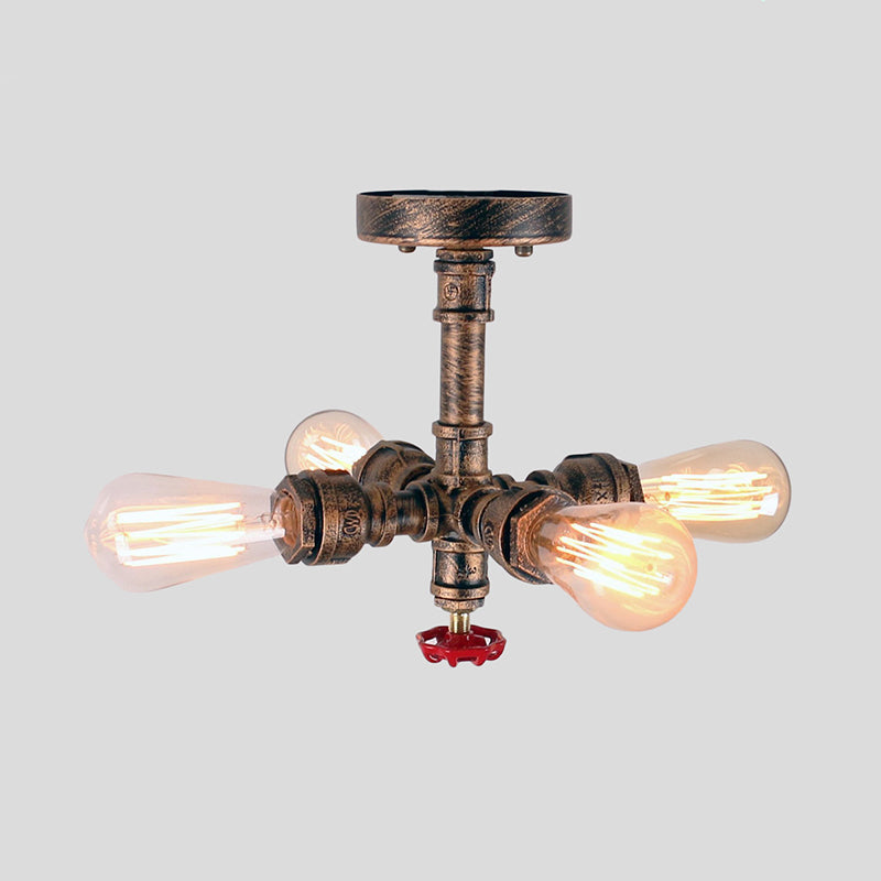 Burst Pipe Foyer Ceiling Mount Light Industrial-Style Iron 4 Lights Bronze Semi Flush Light with Decorative Valve Clearhalo 'Ceiling Lights' 'Close To Ceiling Lights' 'Close to ceiling' 'Semi-flushmount' Lighting' 1948629