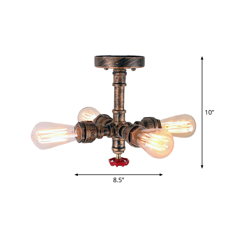 Burst Pipe Foyer Ceiling Mount Light Industrial-Style Iron 4 Lights Bronze Semi Flush Light with Decorative Valve Clearhalo 'Ceiling Lights' 'Close To Ceiling Lights' 'Close to ceiling' 'Semi-flushmount' Lighting' 1948631