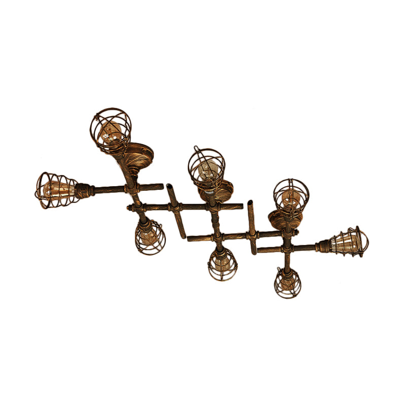 Industrial Intersecting Piping Ceiling Light 4/5/8 Heads Iron Semi Flush Mounted Light with Cage Guard in Brass Clearhalo 'Ceiling Lights' 'Close To Ceiling Lights' 'Close to ceiling' 'Semi-flushmount' Lighting' 1948635