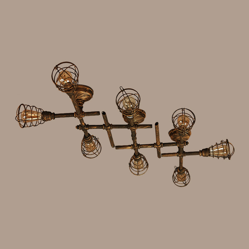 Industrial Intersecting Piping Ceiling Light 4/5/8 Heads Iron Semi Flush Mounted Light with Cage Guard in Brass Clearhalo 'Ceiling Lights' 'Close To Ceiling Lights' 'Close to ceiling' 'Semi-flushmount' Lighting' 1948636
