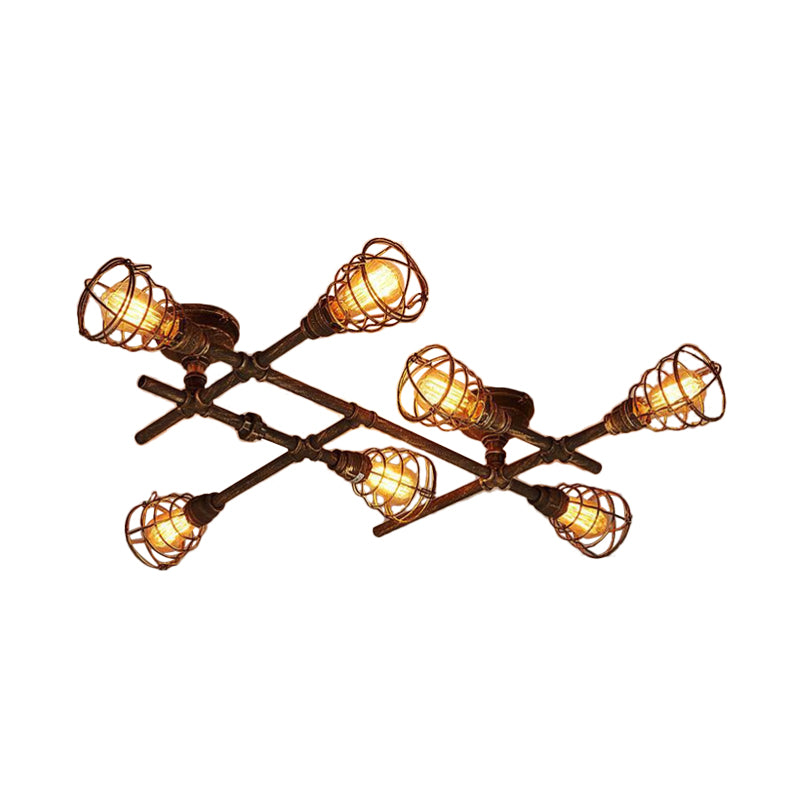 Industrial Intersecting Piping Ceiling Light 4/5/8 Heads Iron Semi Flush Mounted Light with Cage Guard in Brass 7 Brass Clearhalo 'Ceiling Lights' 'Close To Ceiling Lights' 'Close to ceiling' 'Semi-flushmount' Lighting' 1948638