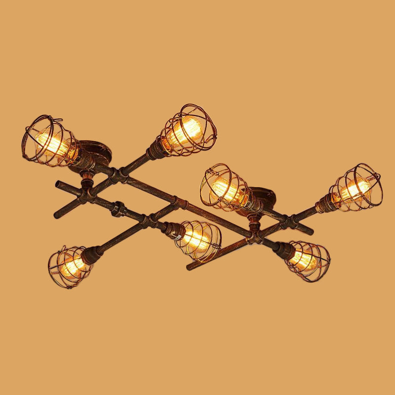 Industrial Intersecting Piping Ceiling Light 4/5/8 Heads Iron Semi Flush Mounted Light with Cage Guard in Brass Clearhalo 'Ceiling Lights' 'Close To Ceiling Lights' 'Close to ceiling' 'Semi-flushmount' Lighting' 1948639
