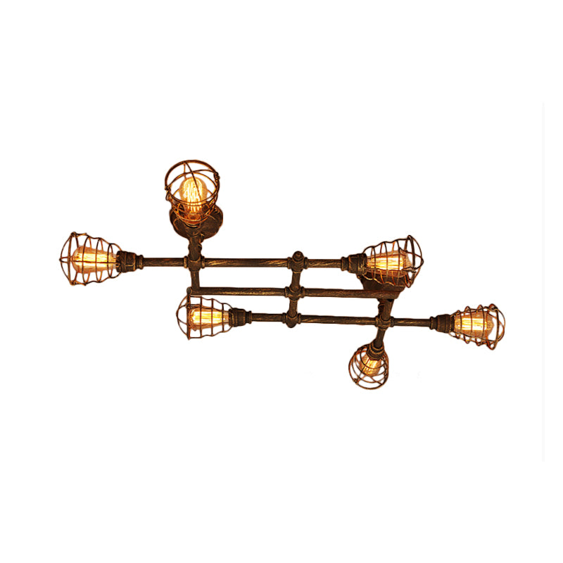 Industrial Intersecting Piping Ceiling Light 4/5/8 Heads Iron Semi Flush Mounted Light with Cage Guard in Brass Clearhalo 'Ceiling Lights' 'Close To Ceiling Lights' 'Close to ceiling' 'Semi-flushmount' Lighting' 1948642