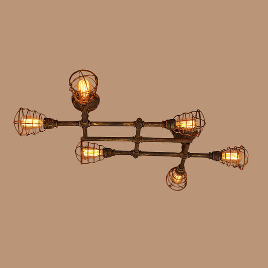 Industrial Intersecting Piping Ceiling Light 4/5/8 Heads Iron Semi Flush Mounted Light with Cage Guard in Brass Clearhalo 'Ceiling Lights' 'Close To Ceiling Lights' 'Close to ceiling' 'Semi-flushmount' Lighting' 1948643