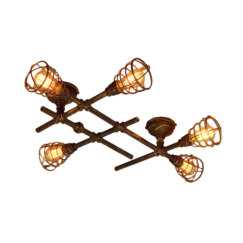 Industrial Intersecting Piping Ceiling Light 4/5/8 Heads Iron Semi Flush Mounted Light with Cage Guard in Brass 5 Brass Clearhalo 'Ceiling Lights' 'Close To Ceiling Lights' 'Close to ceiling' 'Semi-flushmount' Lighting' 1948645