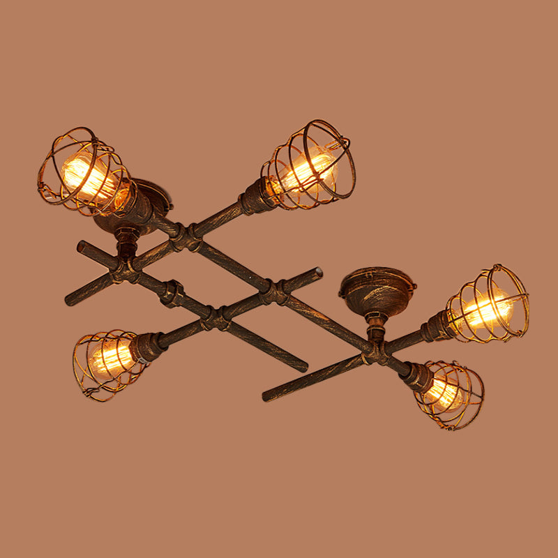Industrial Intersecting Piping Ceiling Light 4/5/8 Heads Iron Semi Flush Mounted Light with Cage Guard in Brass Clearhalo 'Ceiling Lights' 'Close To Ceiling Lights' 'Close to ceiling' 'Semi-flushmount' Lighting' 1948646