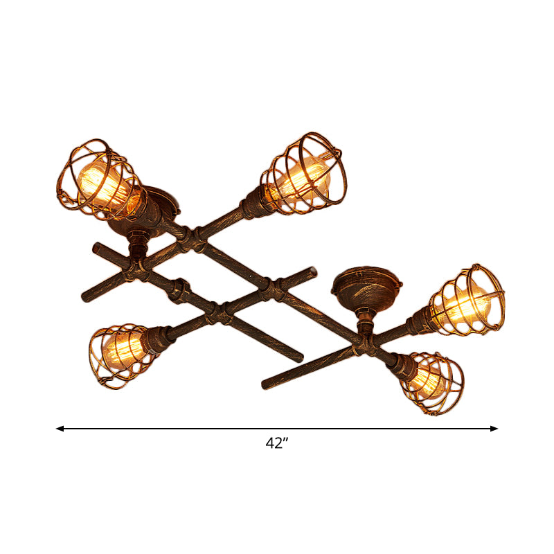 Industrial Intersecting Piping Ceiling Light 4/5/8 Heads Iron Semi Flush Mounted Light with Cage Guard in Brass Clearhalo 'Ceiling Lights' 'Close To Ceiling Lights' 'Close to ceiling' 'Semi-flushmount' Lighting' 1948647