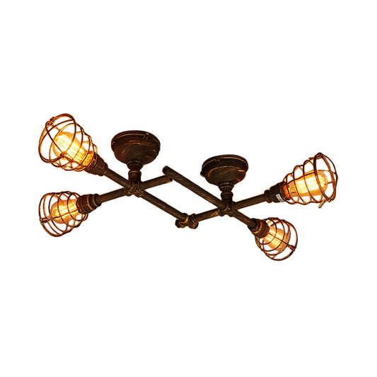 Industrial Intersecting Piping Ceiling Light 4/5/8 Heads Iron Semi Flush Mounted Light with Cage Guard in Brass 4 Brass Clearhalo 'Ceiling Lights' 'Close To Ceiling Lights' 'Close to ceiling' 'Semi-flushmount' Lighting' 1948648