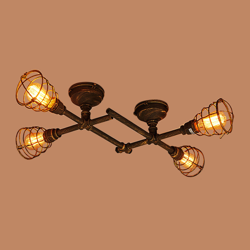 Industrial Intersecting Piping Ceiling Light 4/5/8 Heads Iron Semi Flush Mounted Light with Cage Guard in Brass Clearhalo 'Ceiling Lights' 'Close To Ceiling Lights' 'Close to ceiling' 'Semi-flushmount' Lighting' 1948649