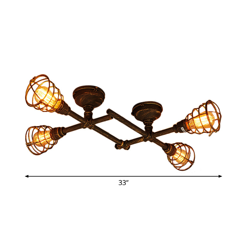 Industrial Intersecting Piping Ceiling Light 4/5/8 Heads Iron Semi Flush Mounted Light with Cage Guard in Brass Clearhalo 'Ceiling Lights' 'Close To Ceiling Lights' 'Close to ceiling' 'Semi-flushmount' Lighting' 1948650