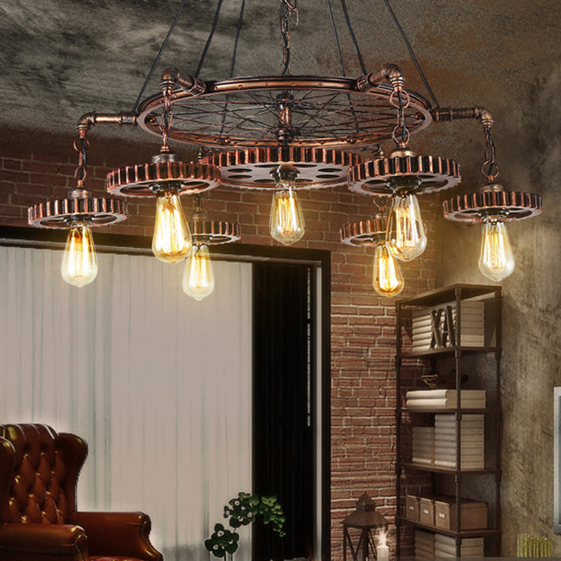 Antiqued Bronze Gear Chandelier Loft Style Iron 3/5/7-Light Living Room Ceiling Suspension Lamp Clearhalo 'Cast Iron' 'Ceiling Lights' 'Chandeliers' 'Industrial Chandeliers' 'Industrial' 'Metal' 'Middle Century Chandeliers' 'Rustic Chandeliers' 'Tiffany' Lighting' 1948698