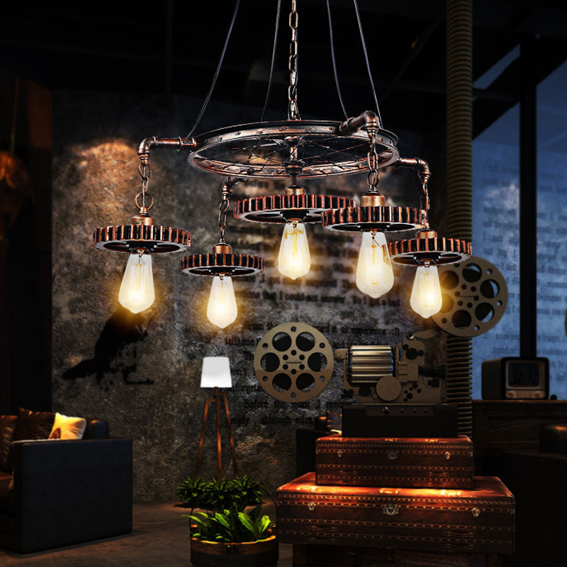 Antiqued Bronze Gear Chandelier Loft Style Iron 3/5/7-Light Living Room Ceiling Suspension Lamp Clearhalo 'Cast Iron' 'Ceiling Lights' 'Chandeliers' 'Industrial Chandeliers' 'Industrial' 'Metal' 'Middle Century Chandeliers' 'Rustic Chandeliers' 'Tiffany' Lighting' 1948703