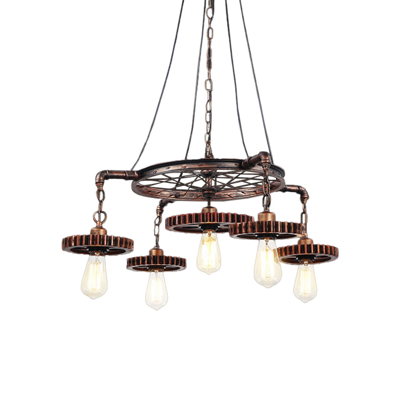 Antiqued Bronze Gear Chandelier Loft Style Iron 3/5/7-Light Living Room Ceiling Suspension Lamp Clearhalo 'Cast Iron' 'Ceiling Lights' 'Chandeliers' 'Industrial Chandeliers' 'Industrial' 'Metal' 'Middle Century Chandeliers' 'Rustic Chandeliers' 'Tiffany' Lighting' 1948704