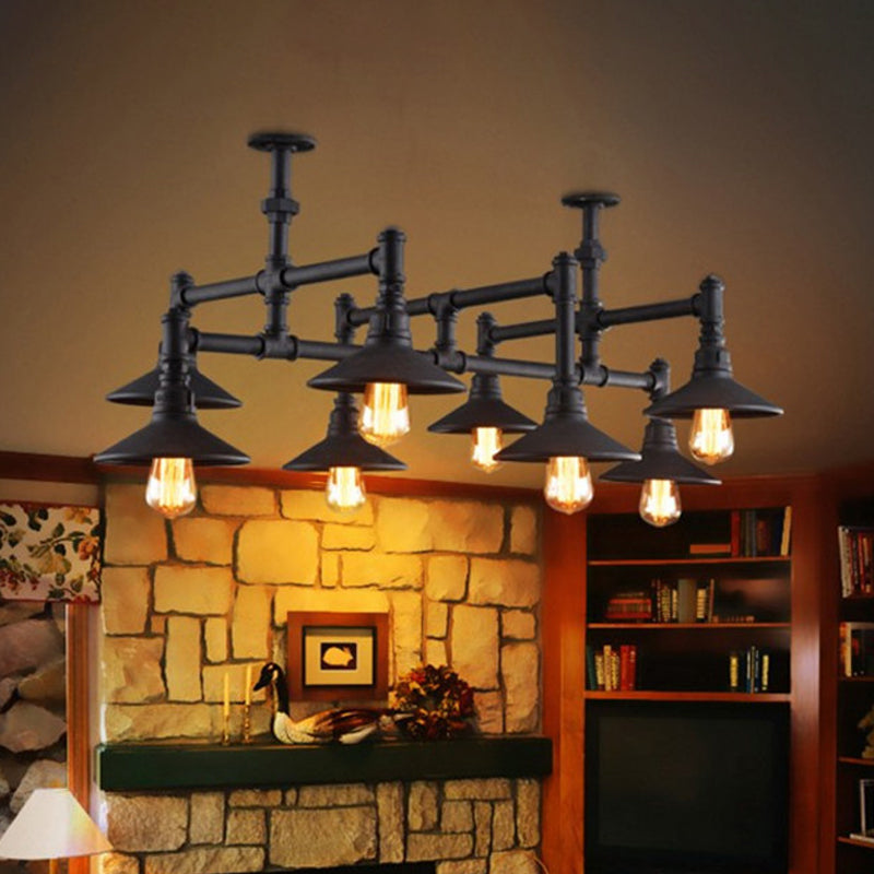 Black/Rust Saucer Shade Chandelier Steampunk Iron 5/8/11 Bulbs Living Room Piping Hanging Lamp 8 Black Clearhalo 'Cast Iron' 'Ceiling Lights' 'Chandeliers' 'Industrial Chandeliers' 'Industrial' 'Metal' 'Middle Century Chandeliers' 'Rustic Chandeliers' 'Tiffany' Lighting' 1948750