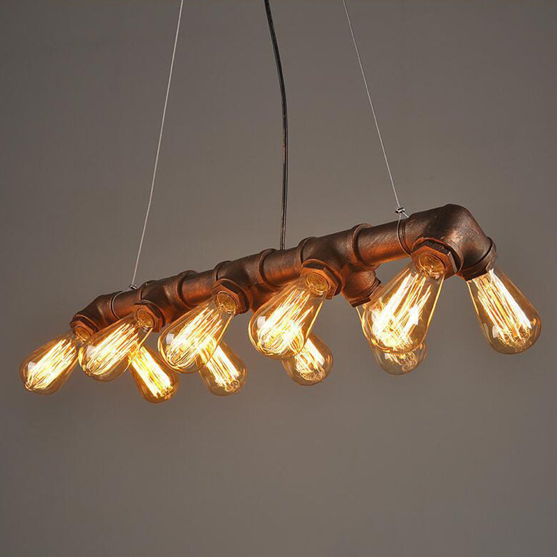 Black/Copper Symmetric Piping Pendant Industrial Metal 10 Bulbs Kitchen Dinette Island Light Fixture Copper Clearhalo 'Ceiling Lights' 'Island Lights' Lighting' 1948778