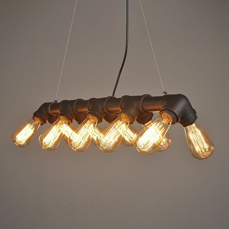 Black/Copper Symmetric Piping Pendant Industrial Metal 10 Bulbs Kitchen Dinette Island Light Fixture Black Clearhalo 'Ceiling Lights' 'Island Lights' Lighting' 1948783