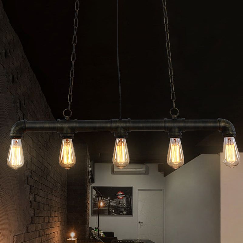 Iron Black Pendant Lamp Piping Linear 3/5/10-Head Industrial Style Hanging Light over Island 5 Black Clearhalo 'Ceiling Lights' 'Island Lights' Lighting' 1948792