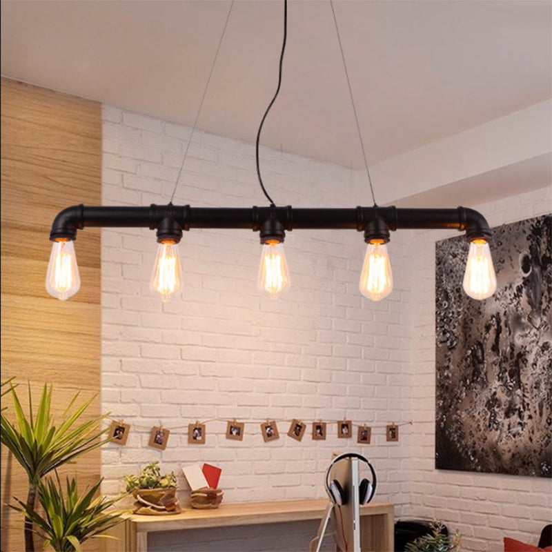 5 Lights Island Pendant Steampunk Piping Iron Hanging Ceiling Light in Black/Bronze/Copper for Dining Room Black Clearhalo 'Ceiling Lights' 'Island Lights' Lighting' 1948800