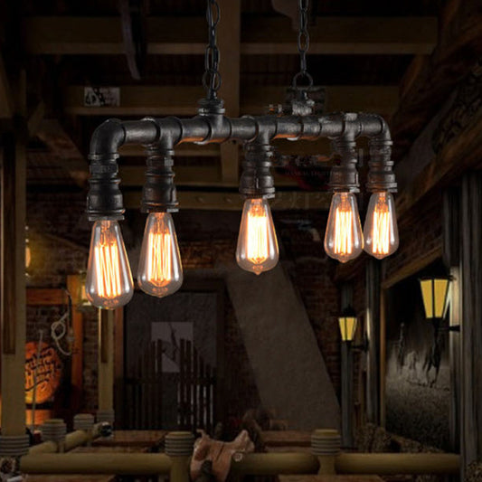 Iron Plumbing Pipe Hanging Lamp Cyberpunk 5-Light Dining Room Island Pendant in Black Clearhalo 'Ceiling Lights' 'Island Lights' Lighting' 1948829