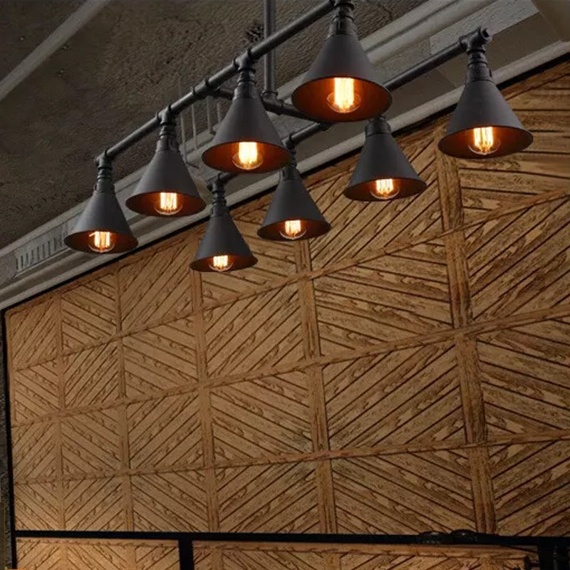 8 Bulbs Island Pendant Light Industrial Conical Iron Suspension Lighting in Black/Rust for Wine Bar Black Clearhalo 'Ceiling Lights' 'Island Lights' Lighting' 1948833