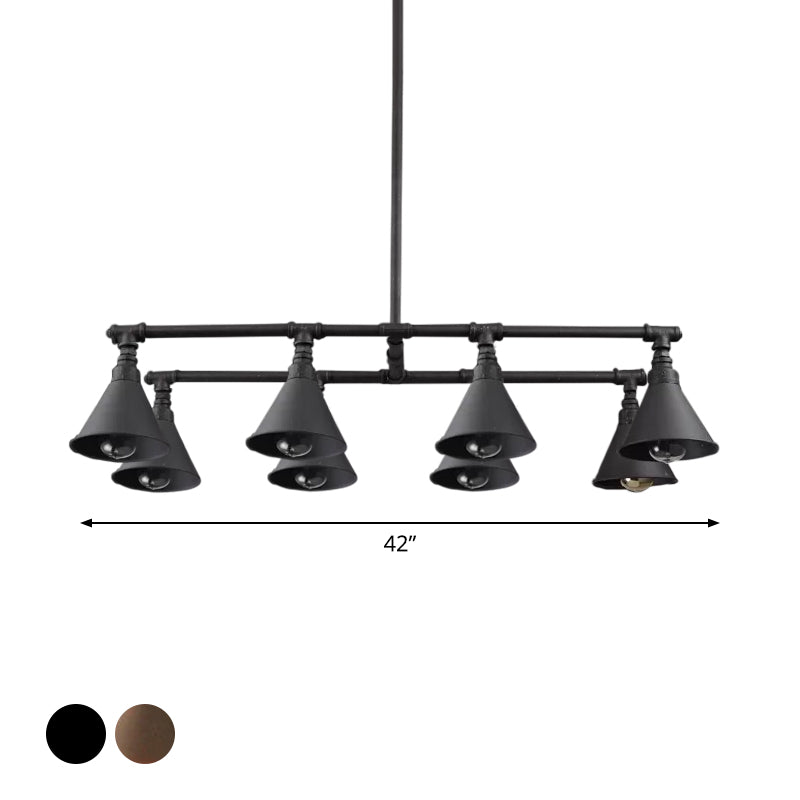 8 Bulbs Island Pendant Light Industrial Conical Iron Suspension Lighting in Black/Rust for Wine Bar Clearhalo 'Ceiling Lights' 'Island Lights' Lighting' 1948836