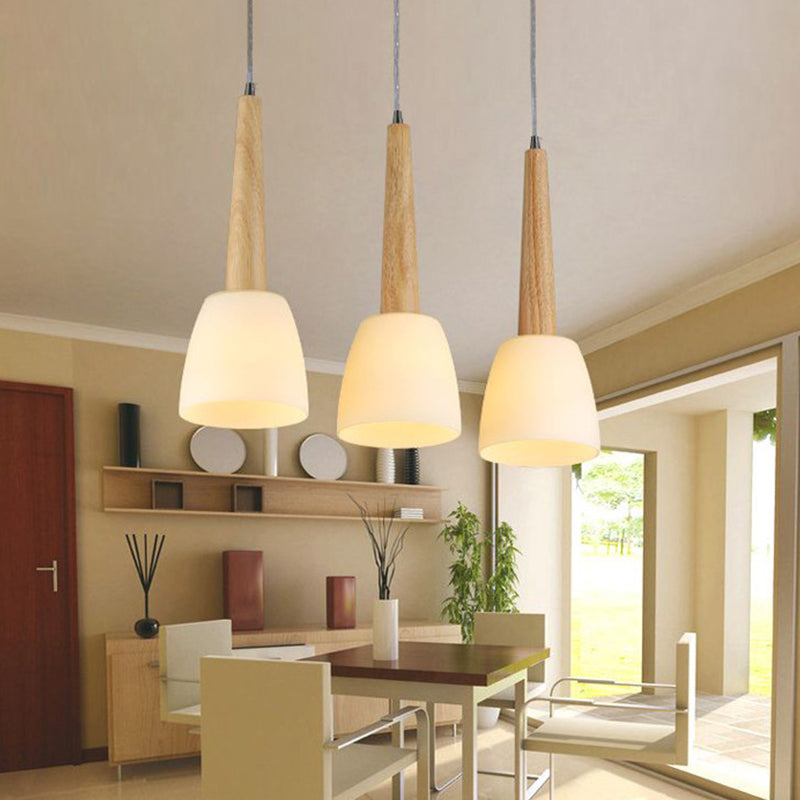 1/3-Light Kitchen Dinette Cluster Pendant Nordic Wood Hanging Light with Bell Milk Glass Shade and Handle 3 Wood Clearhalo 'Ceiling Lights' 'Modern Pendants' 'Modern' 'Pendant Lights' 'Pendants' Lighting' 1949018