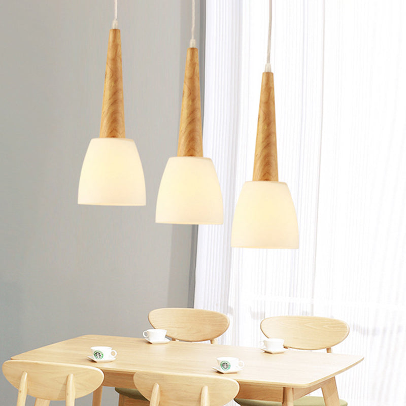 1/3-Light Kitchen Dinette Cluster Pendant Nordic Wood Hanging Light with Bell Milk Glass Shade and Handle Clearhalo 'Ceiling Lights' 'Modern Pendants' 'Modern' 'Pendant Lights' 'Pendants' Lighting' 1949019
