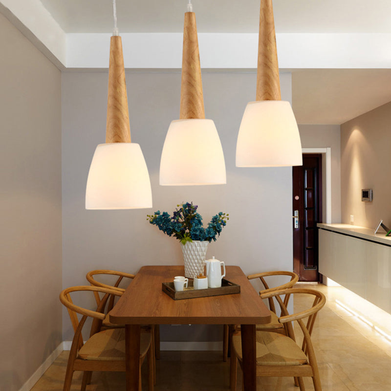 1/3-Light Kitchen Dinette Cluster Pendant Nordic Wood Hanging Light with Bell Milk Glass Shade and Handle Clearhalo 'Ceiling Lights' 'Modern Pendants' 'Modern' 'Pendant Lights' 'Pendants' Lighting' 1949020