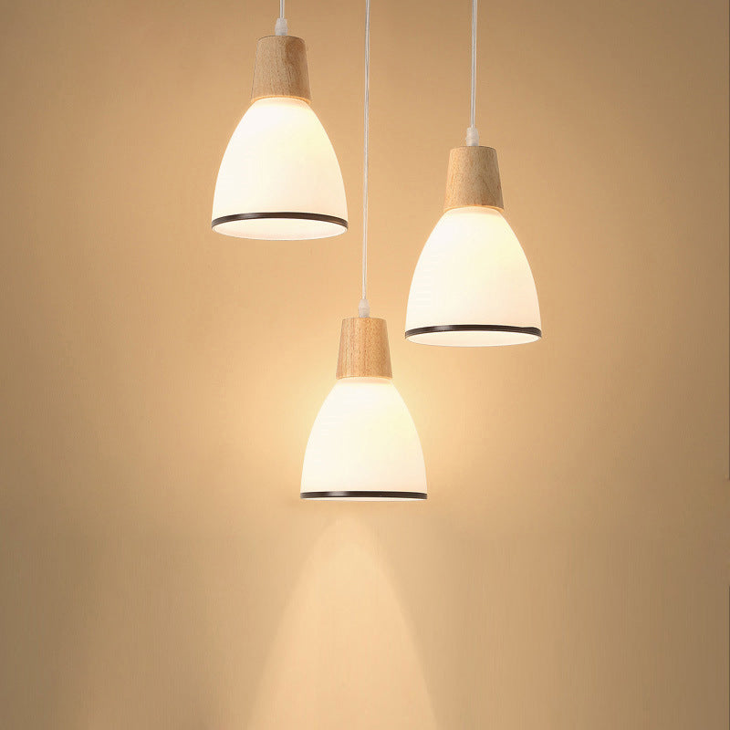 Bell/Bowl/Barrel Ceiling Hang Lamp Nordic Ivory Glass 3-Head Dining Room Round/Linear-Canopy Cluster Pendant in Wood Wood Barrel Round Clearhalo 'Ceiling Lights' 'Modern Pendants' 'Modern' 'Pendant Lights' 'Pendants' Lighting' 1949026