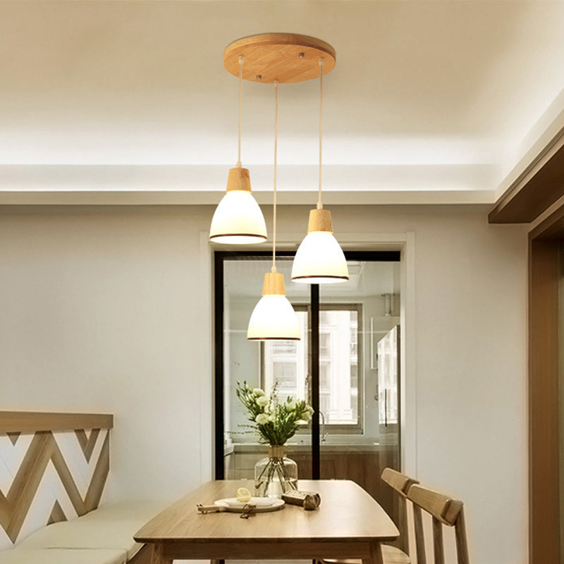 Bell/Bowl/Barrel Ceiling Hang Lamp Nordic Ivory Glass 3-Head Dining Room Round/Linear-Canopy Cluster Pendant in Wood Clearhalo 'Ceiling Lights' 'Modern Pendants' 'Modern' 'Pendant Lights' 'Pendants' Lighting' 1949027